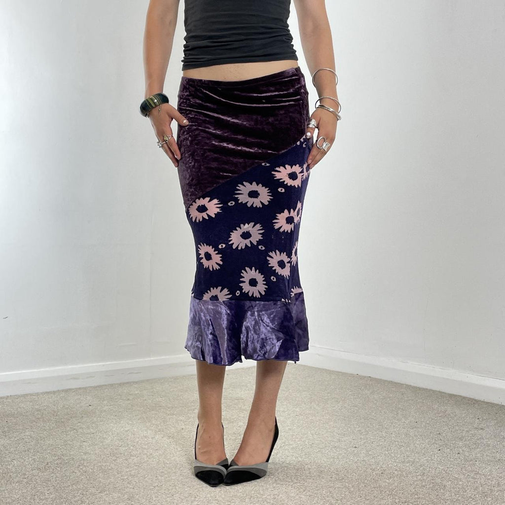 Purple velvet and floral midi skirt