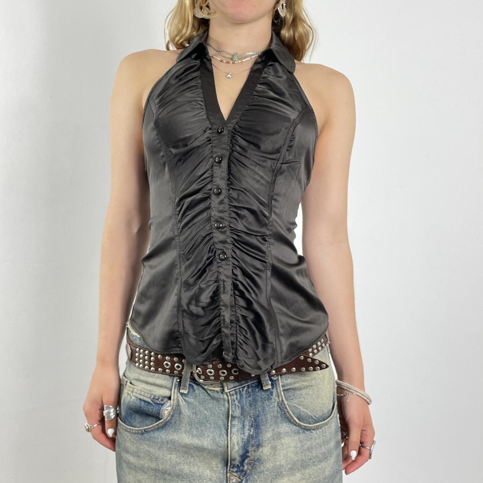 Brown ruched halter collar neck button up shirt