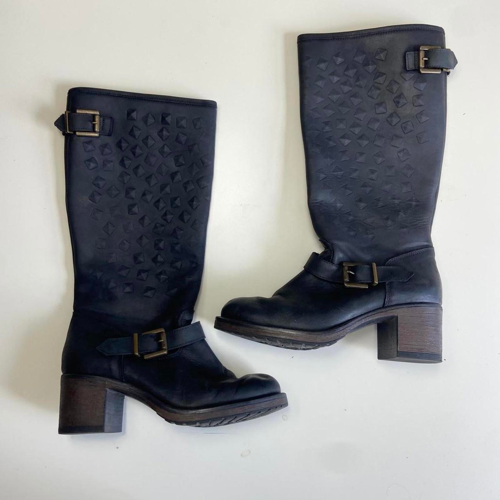 Black leather knee-high boots with buckles and studs!