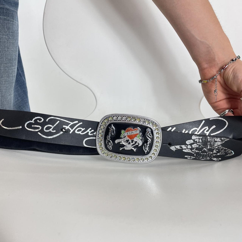Ed hardy plated leather belt with silver words