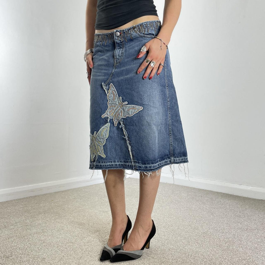 Vintage denim midi embroided butterfly raw hem skirt