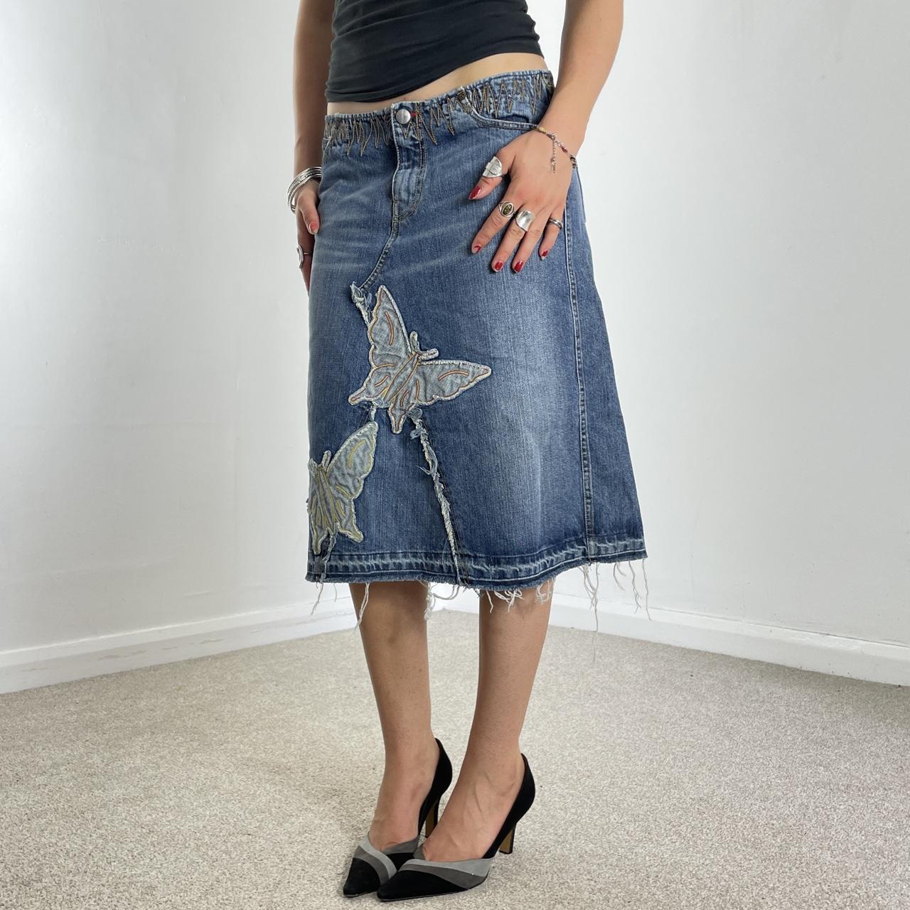 Vintage denim midi embroided butterfly raw hem skirt