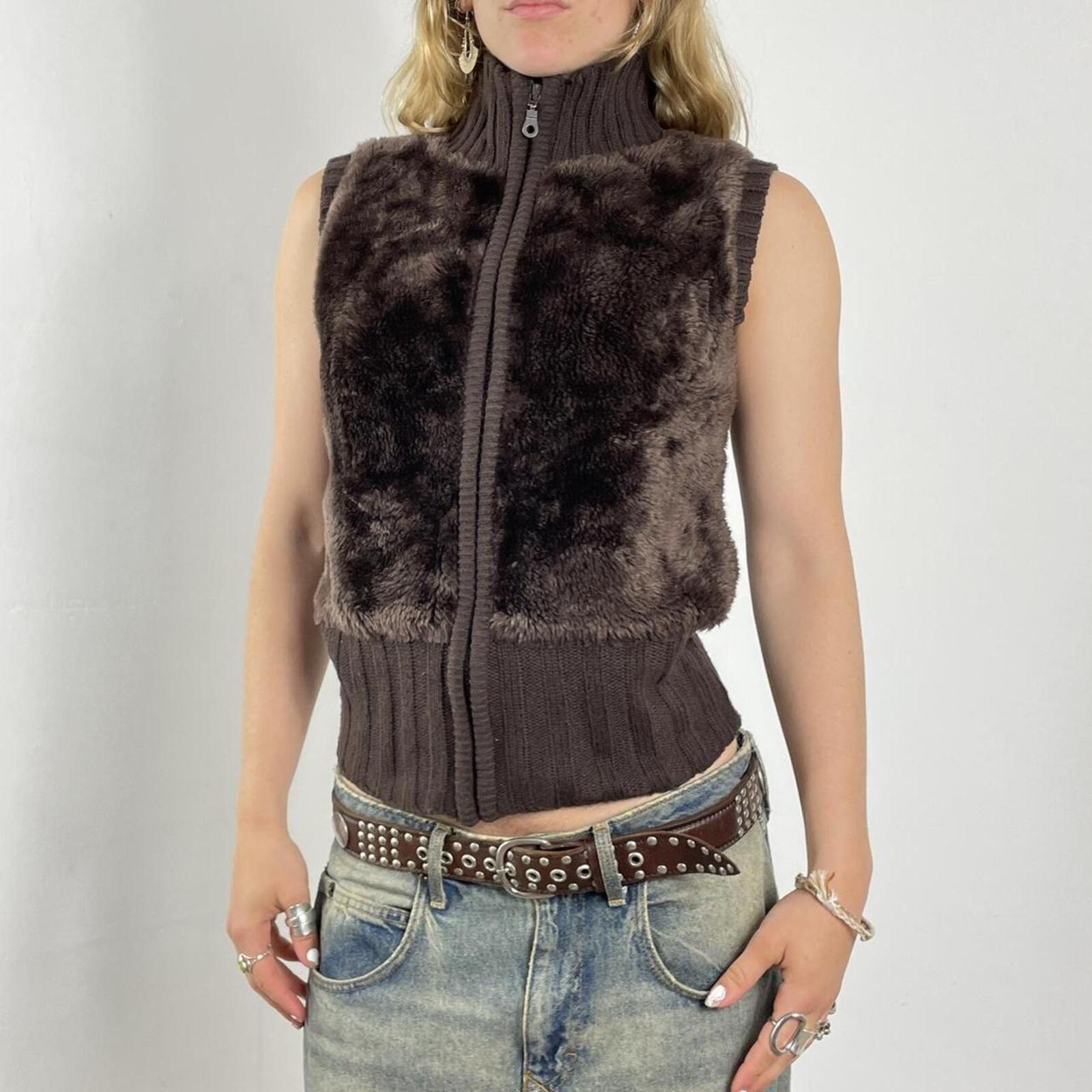 Brown ribbed and fur gillet