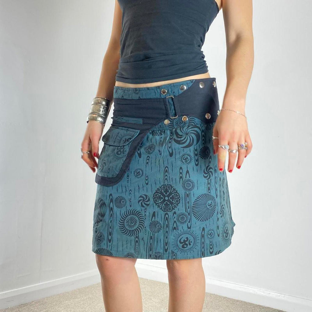 Y2K blue patterend wrap popper midi skirt, with utiltiy pockets