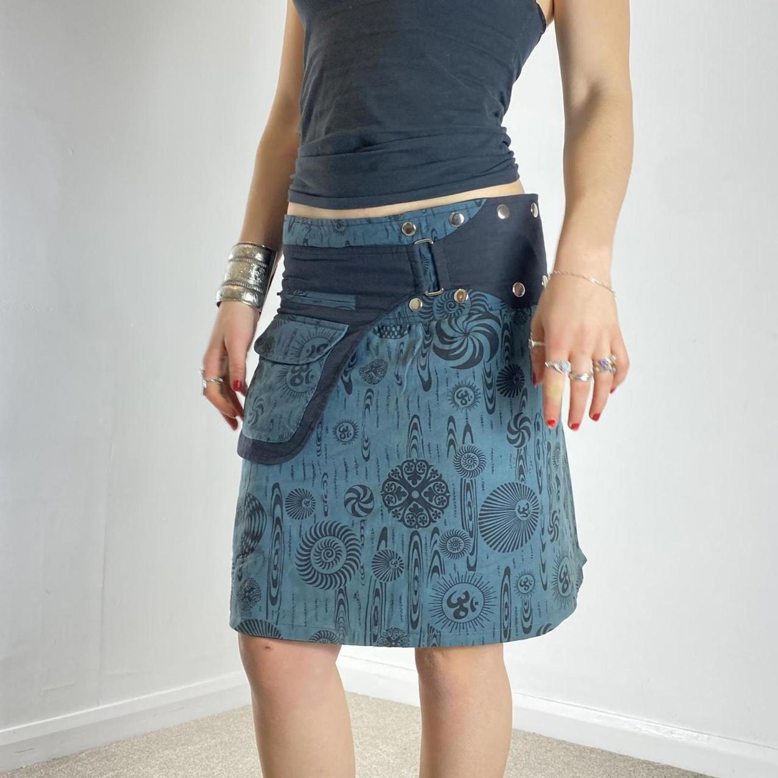 Y2K blue patterend wrap popper midi skirt, with utiltiy pockets