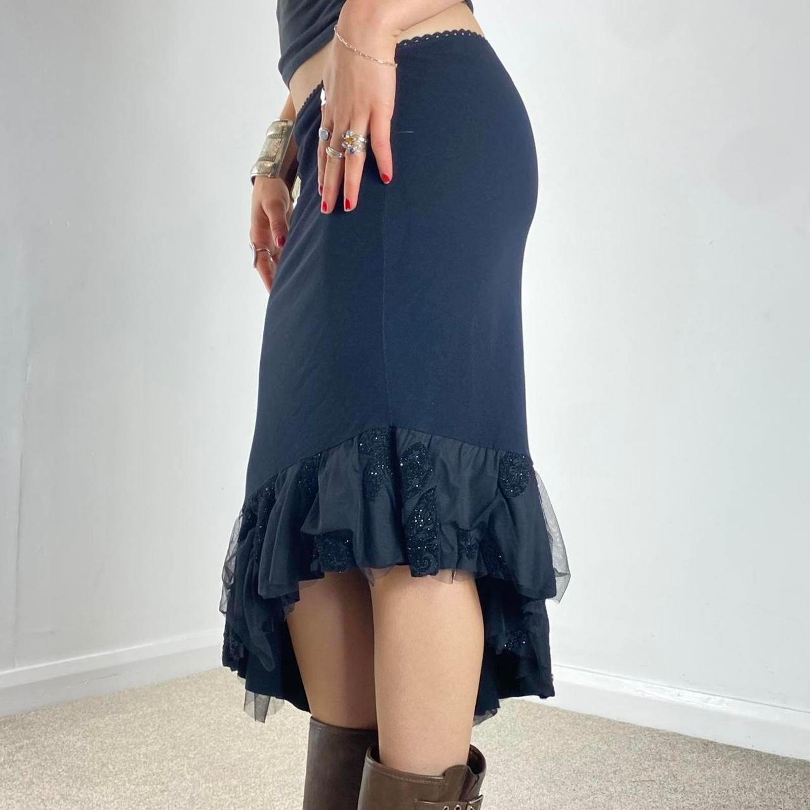Vintage black asymetrical midi skirt sequined mesh details