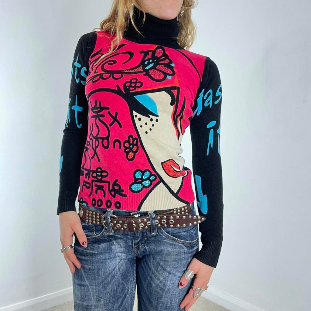 Vintage Graphic face words turtle neck long sleeve top