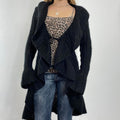 Vintage black full length knitted lettuce hem cardigan jumper with clasp in the midle