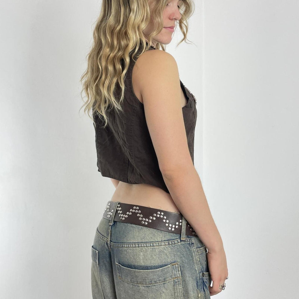 Brown denim button up waistcoat with ruffles at the neckline