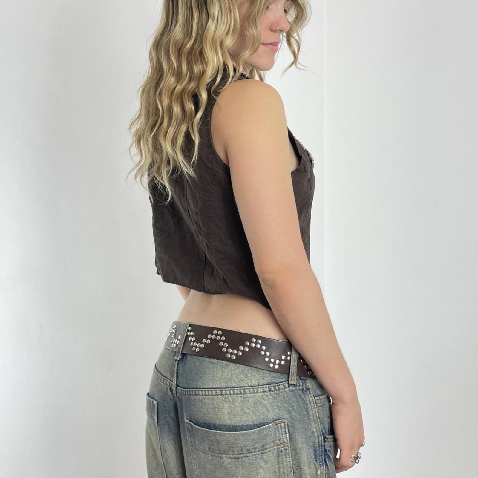 Brown denim button up waistcoat with ruffles at the neckline