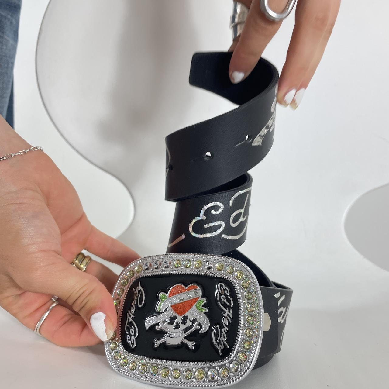 Ed hardy plated leather belt with silver words