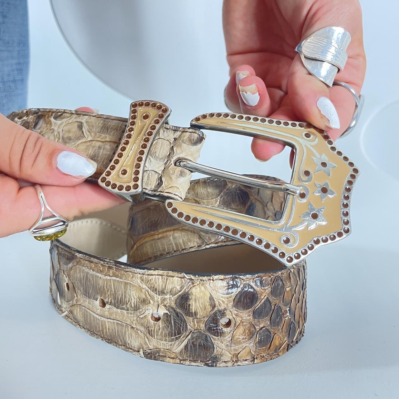 Snakeprint vintage brown leather belt with a cream buckle