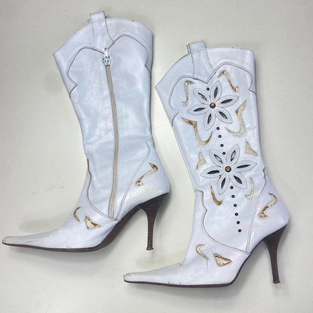 Vintage white patterned boho gem embelished heeled boots.