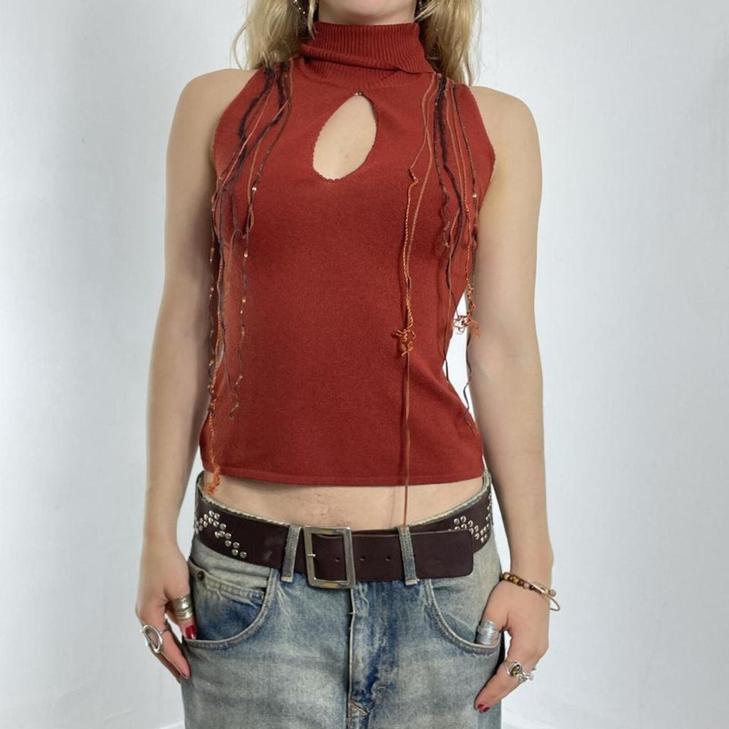 Vintage red/orange turtle neck top with open cut out and boho tassles