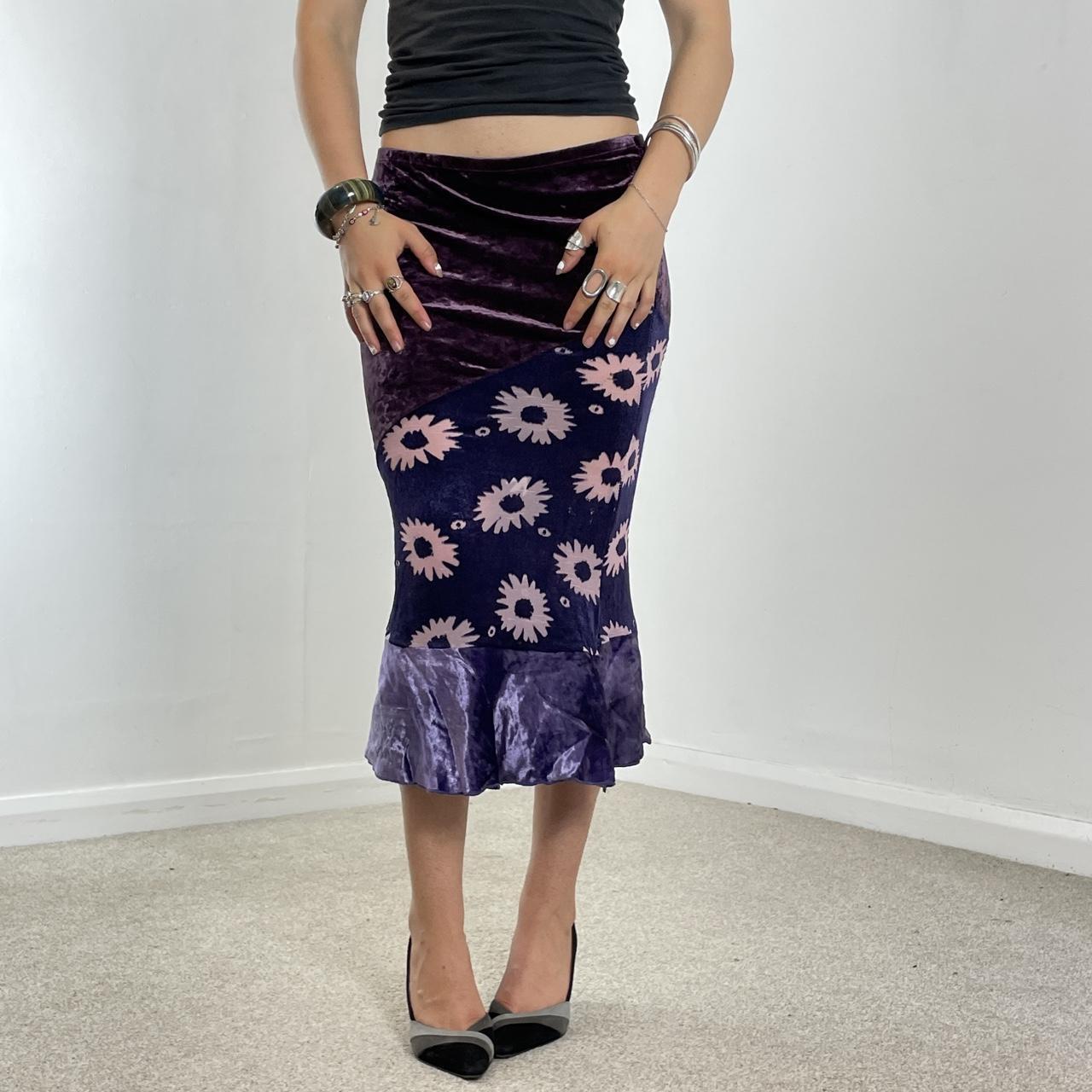 Purple velvet and floral midi skirt