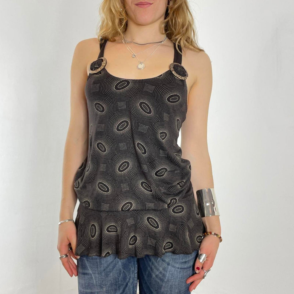 00's brown patterend longer top/dress with buckles at the top and thick brown wasit band
