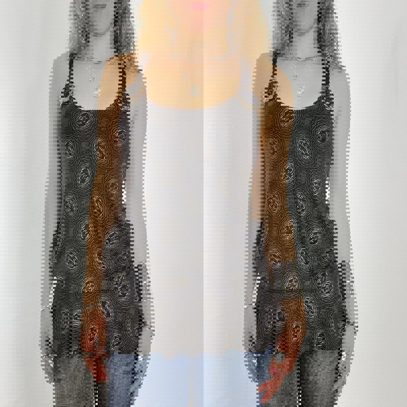 00's brown patterend longer top/dress with buckles at the top and thick brown wasit band