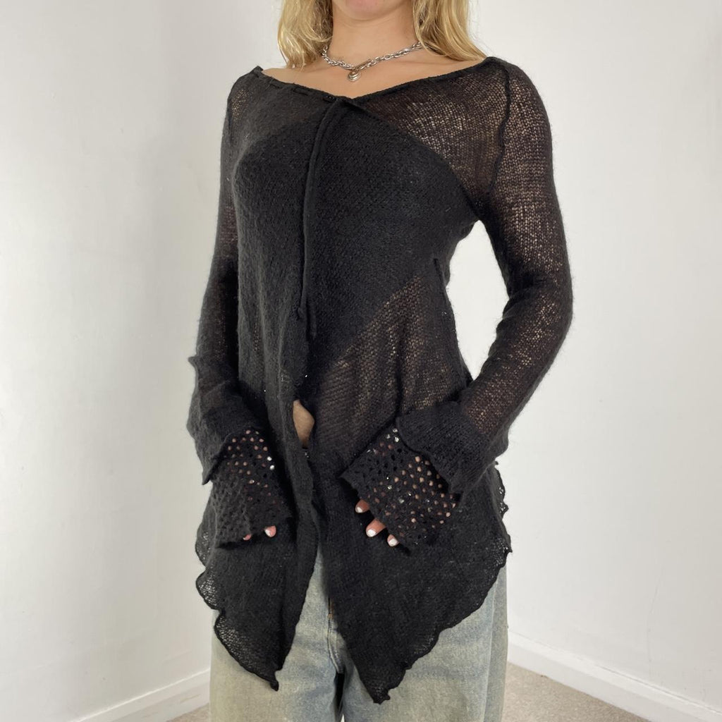Black wool avant-garde flared long-sleeve top/jumper
