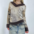 Brown and tan vintage patterned long sleeve top with wool sleeves