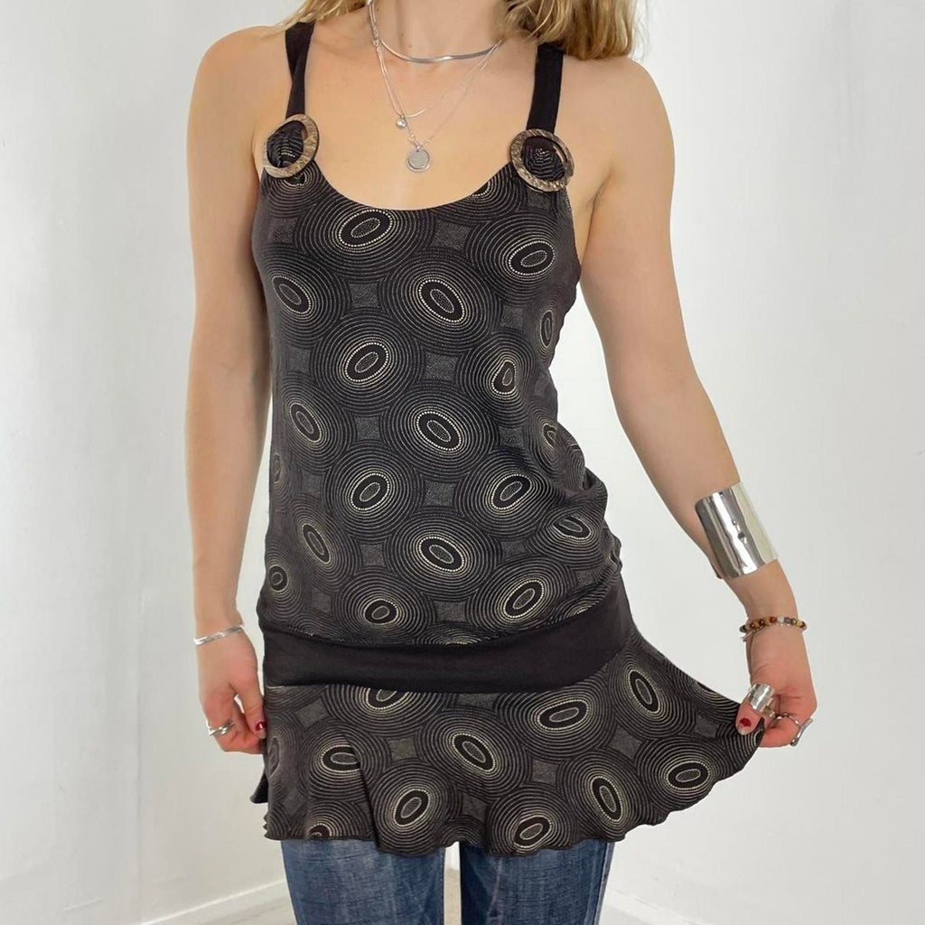 00's brown patterend longer top/dress with buckles at the top and thick brown wasit band