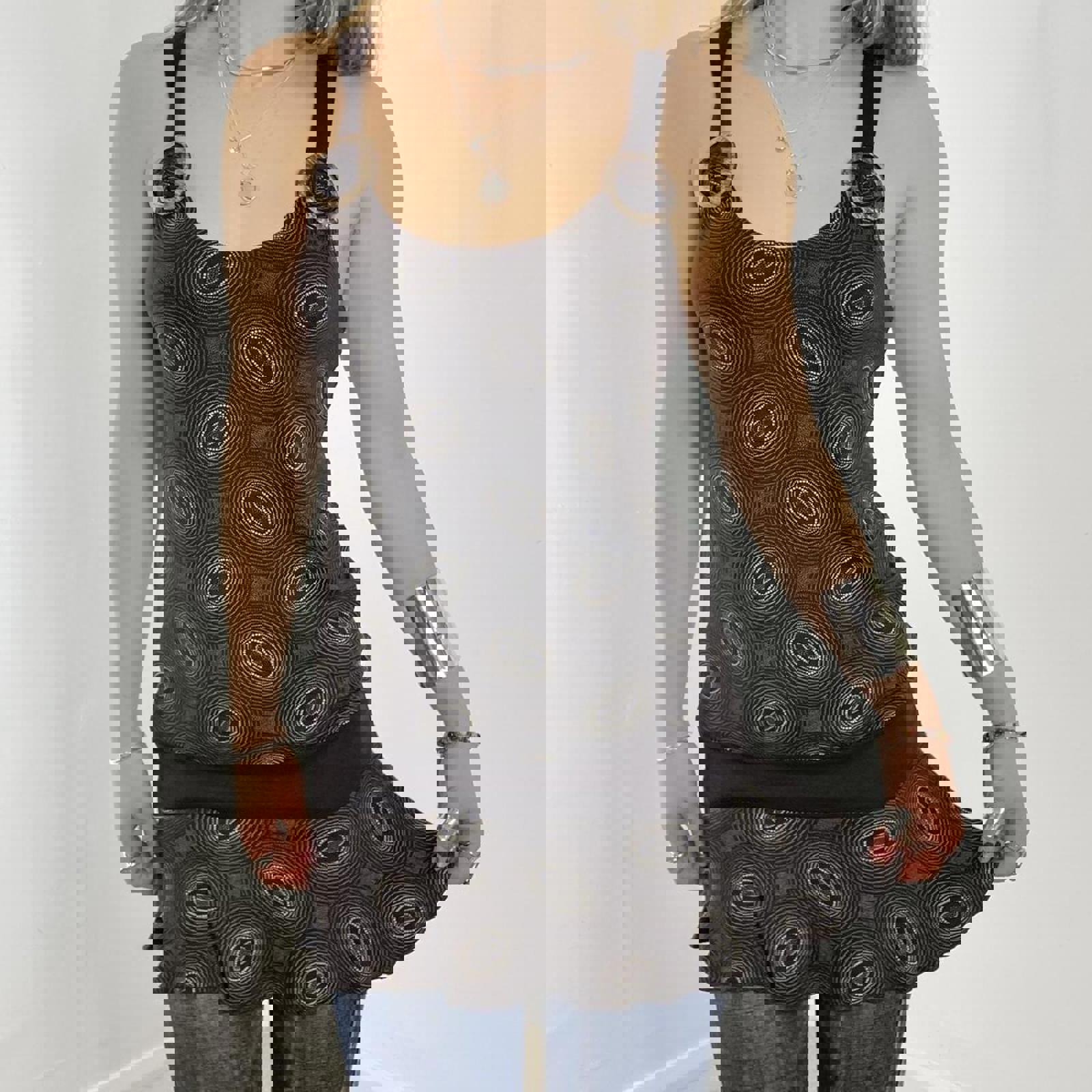 00's brown patterend longer top/dress with buckles at the top and thick brown wasit band