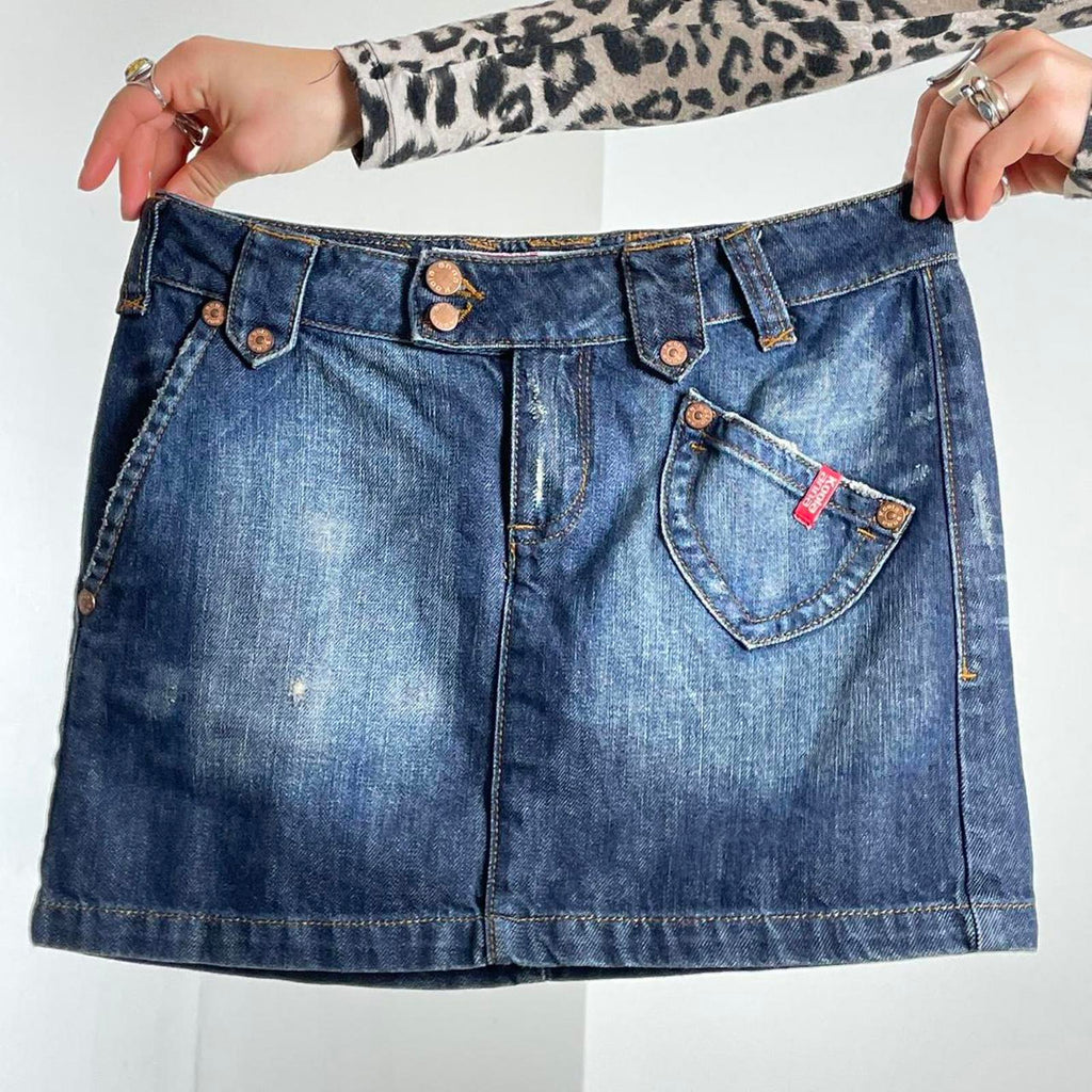 Y2k denim navy stone washed mini skirt with cool patch on the back