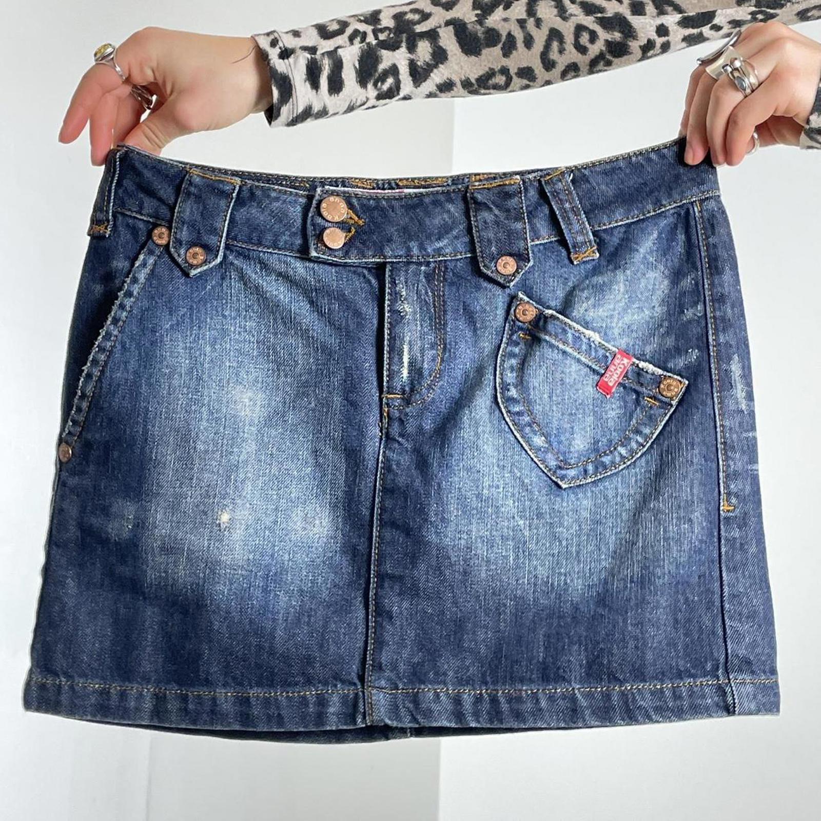Y2k denim navy stone washed mini skirt with cool patch on the back
