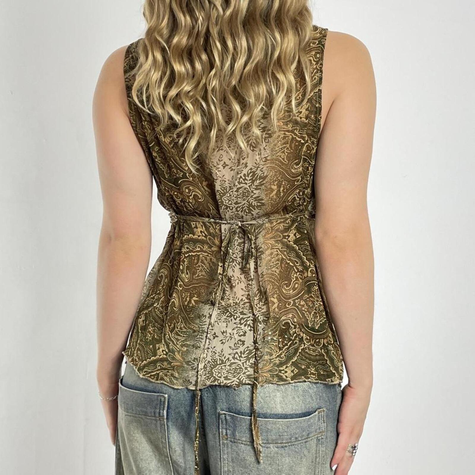 Mesh green and brown print blouse with a tie in the back