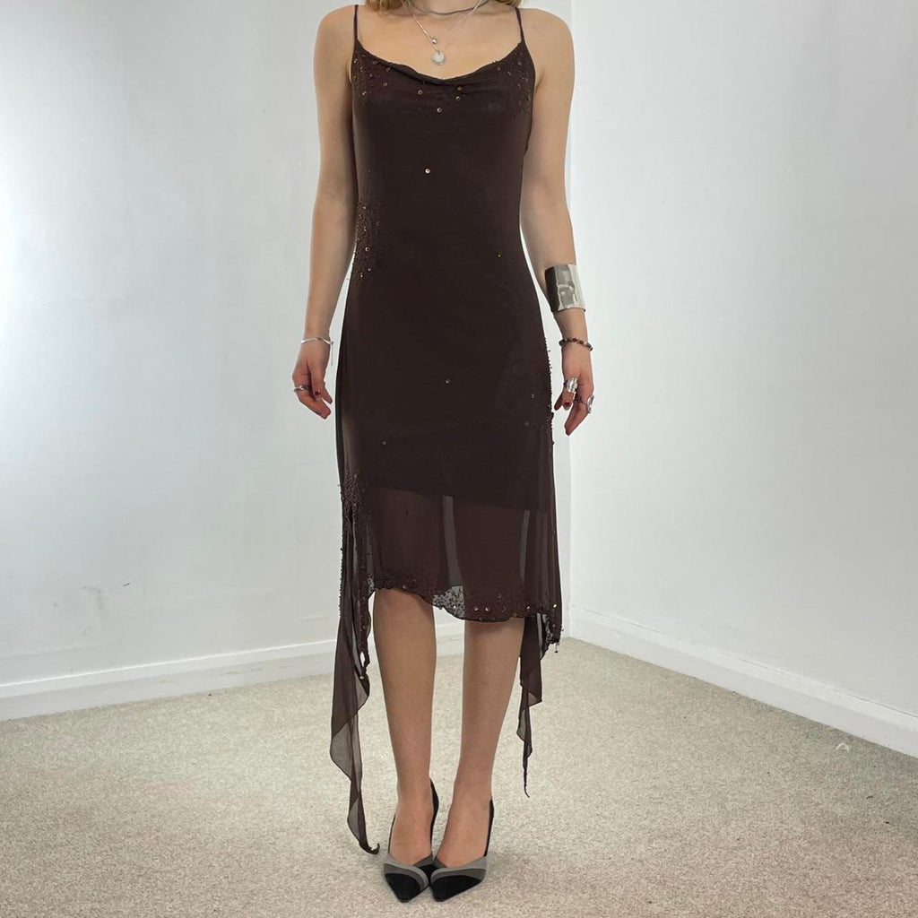 Incrediblue brown asymetrical cowl neck maxi dress