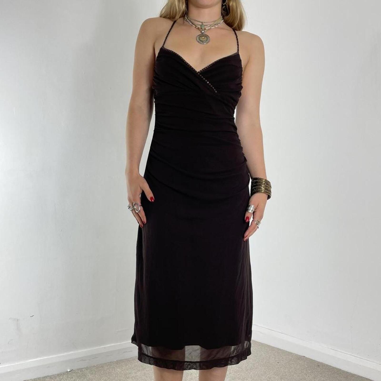 Vintage brown fitted mesh midi dress with sequin embellishments