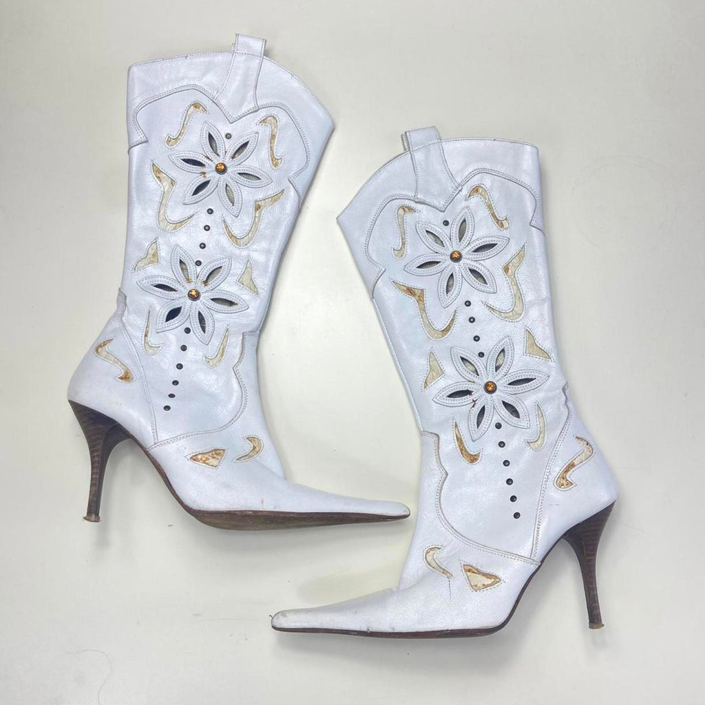 Vintage white patterned boho gem embelished heeled boots.