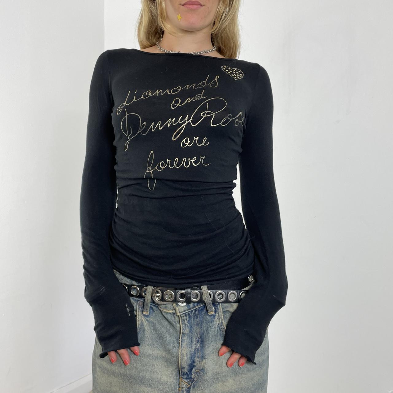 Graphic gold and black Denny rose spell out long sleeve with a low back