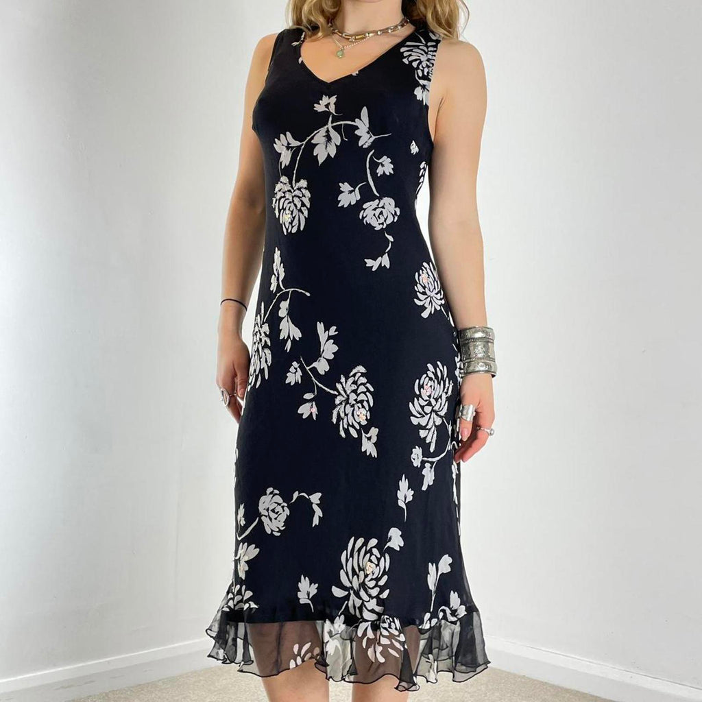 Vintage black and white floral midi dress