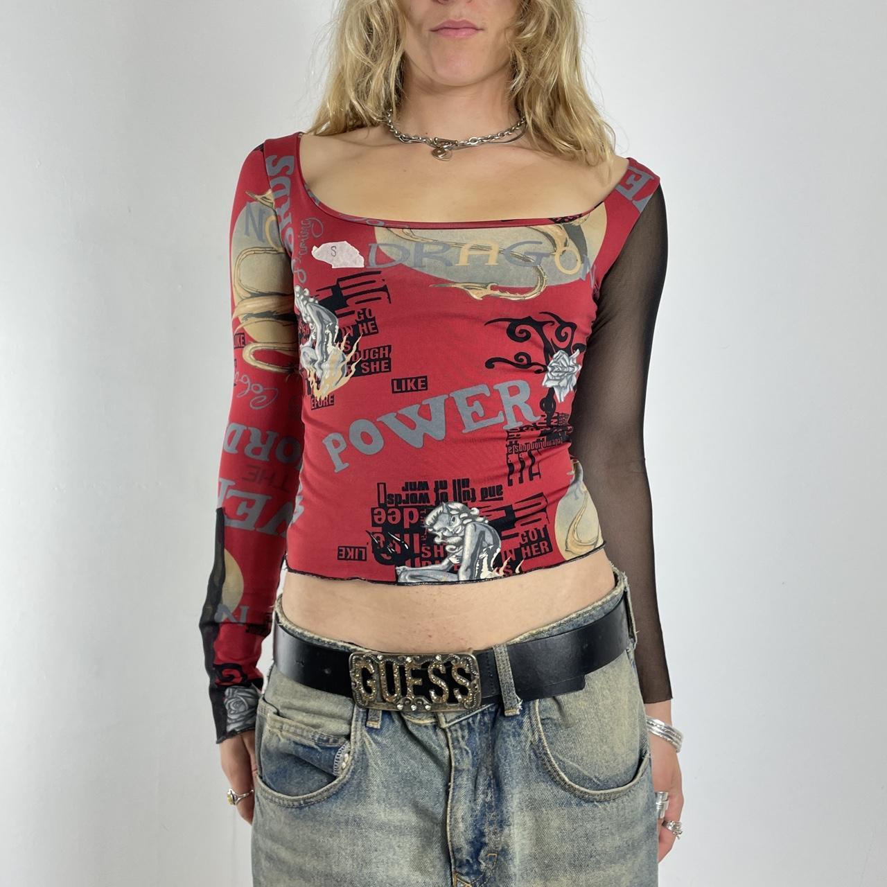 Graphic black and red long sleeve mesh top