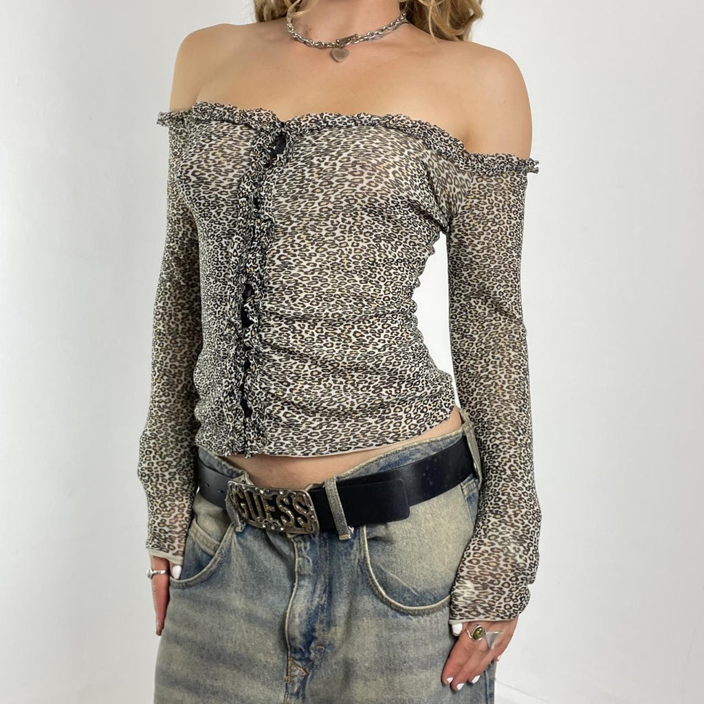 Fitted mesh ruffled off-the-shoulder leopard print