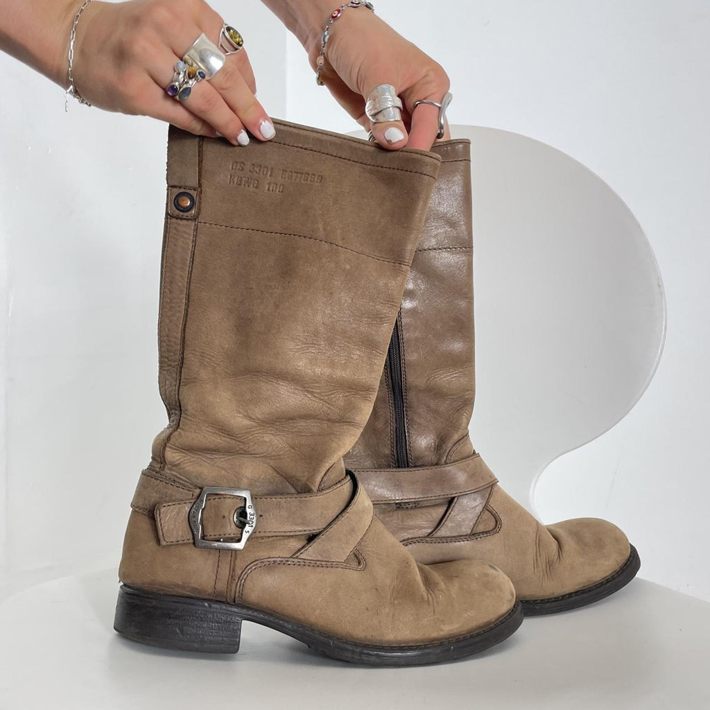 G - Star Raw chunky buckled brown leather biker boots