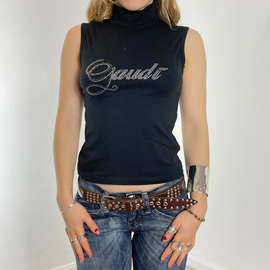 Y2K Silver and black gem Gaudi polar neck tank top