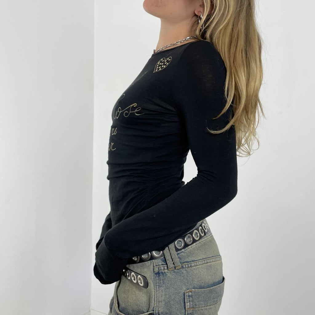 Graphic gold and black Denny rose spell out long sleeve with a low back