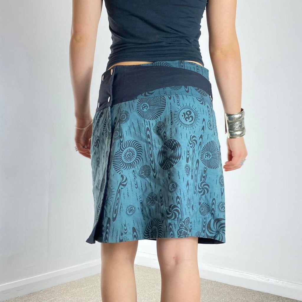 Y2K blue patterend wrap popper midi skirt, with utiltiy pockets