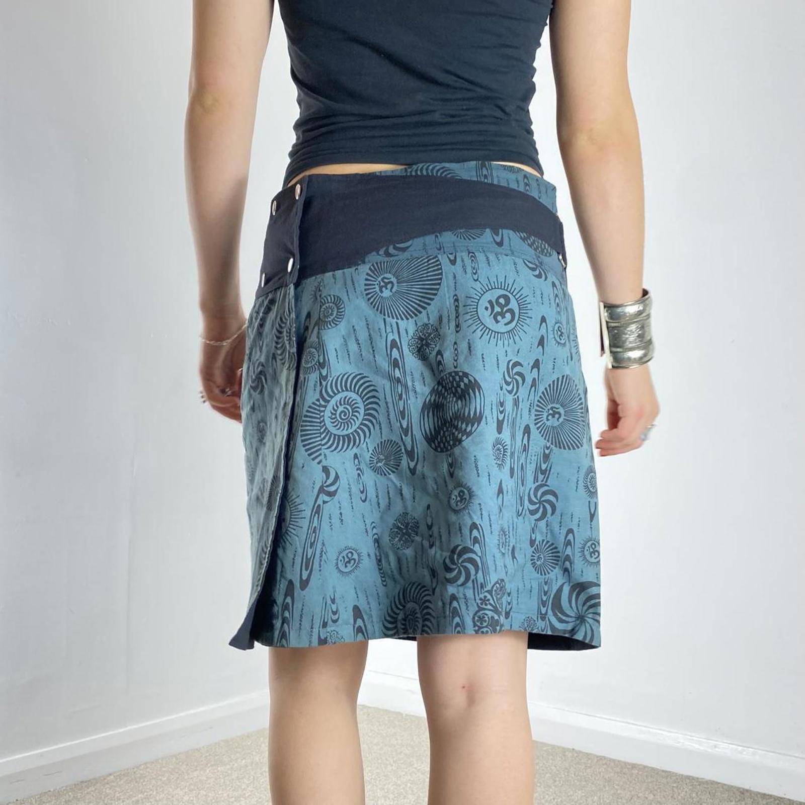 Y2K blue patterend wrap popper midi skirt, with utiltiy pockets