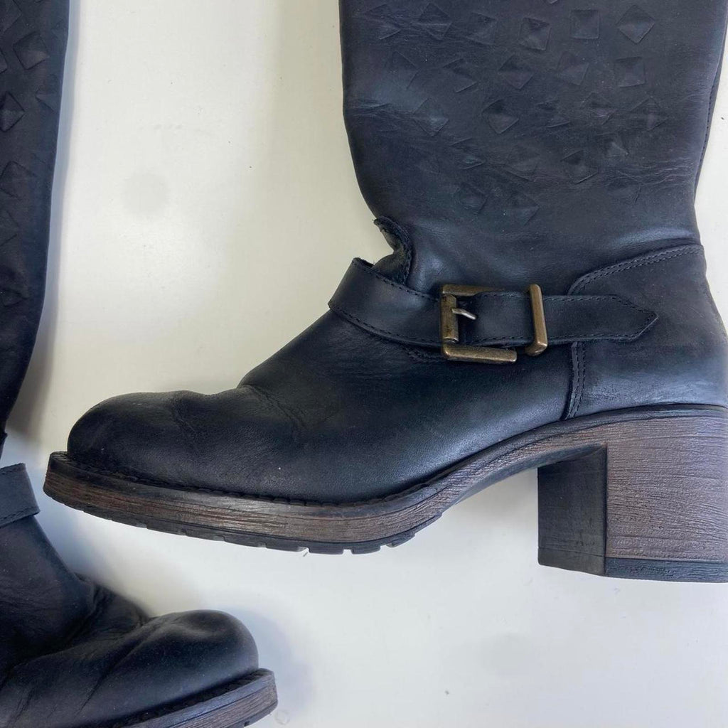 Black leather knee-high boots with buckles and studs!