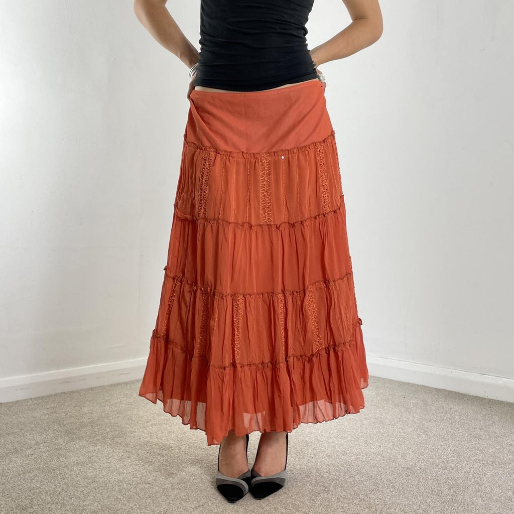 Vintage full length teired orange maxi skirt with embroided details double mesh