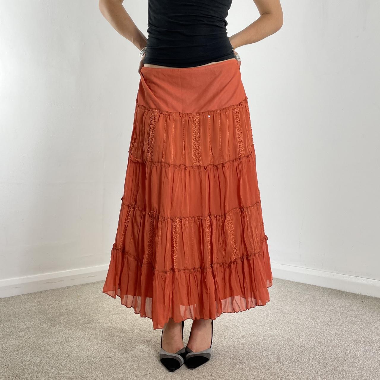 Vintage full length teired orange maxi skirt with embroided details double mesh