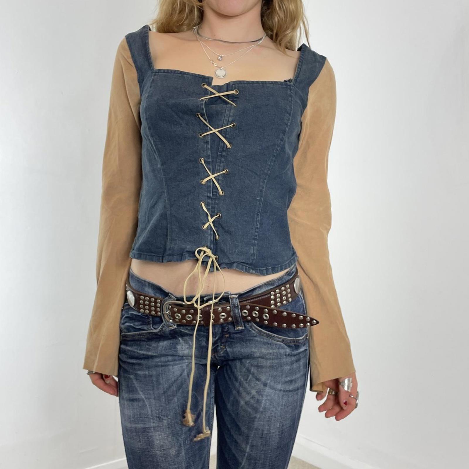 Denim and suede mustard long sleeve tie up top