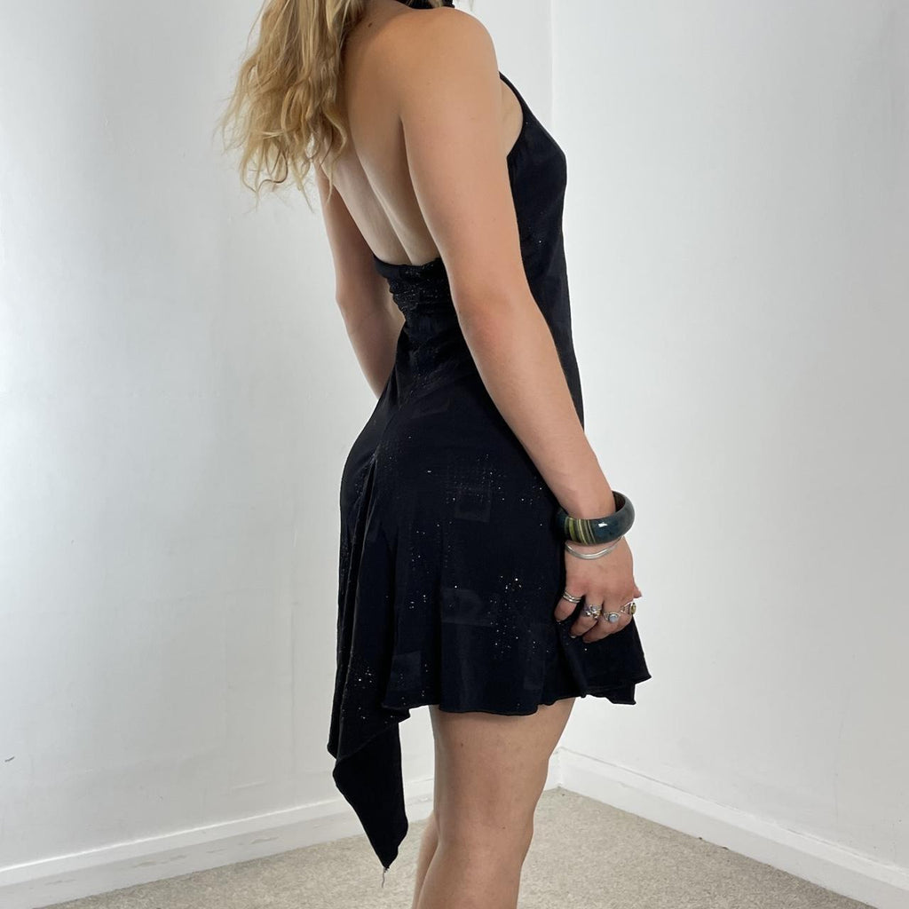 High neck sequin low cut back asymetrical evening dress