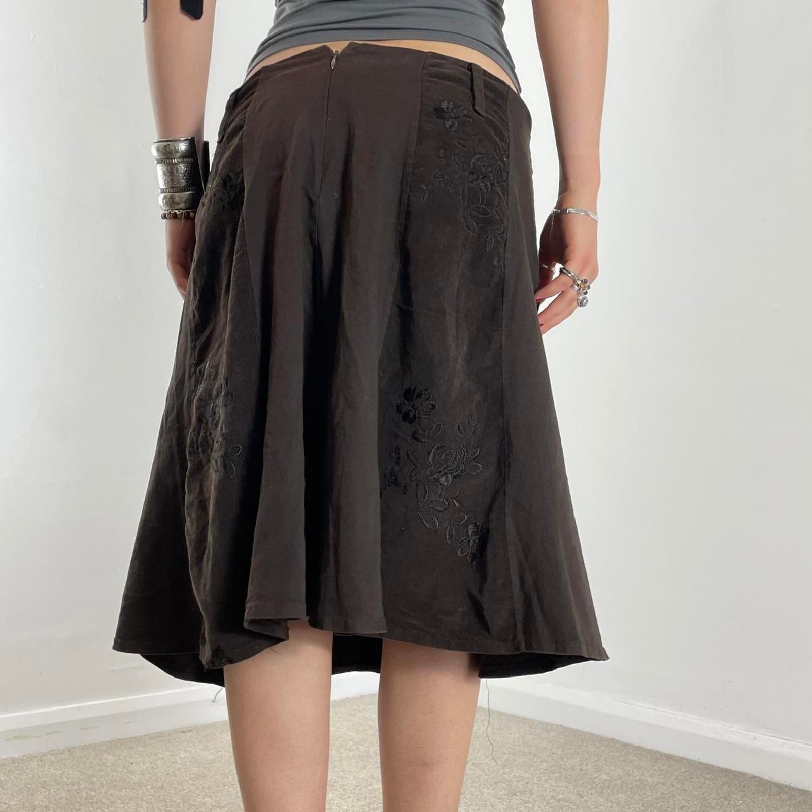 00's brown panelled floral embroided midi skirt
