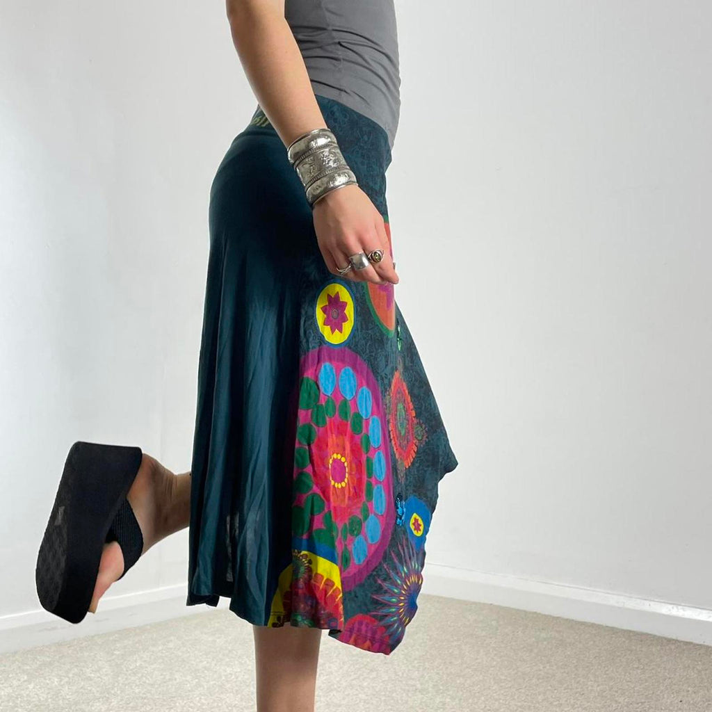 Teal green asymetrical graphic desigual skirt