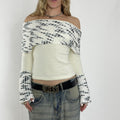 White and black vintage off-the-shoulder knit long-sleeve top