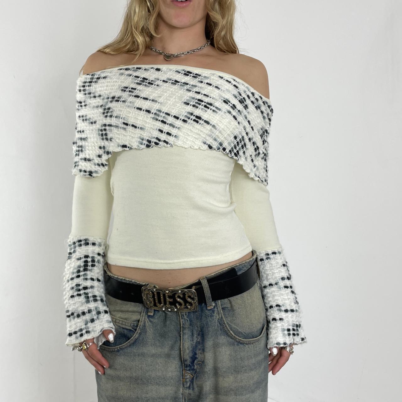 White and black vintage off-the-shoulder knit long-sleeve top