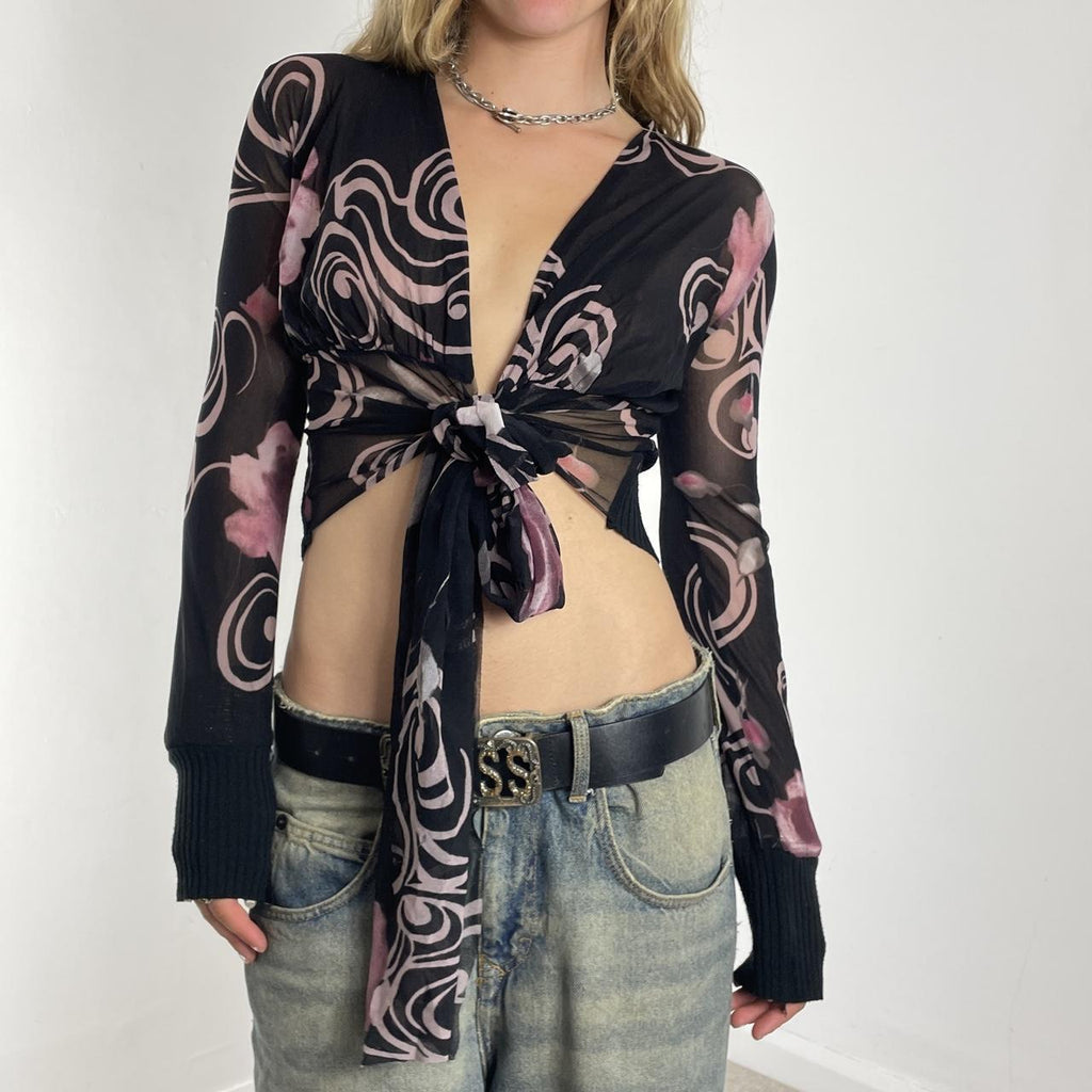 Graphic long-sleeve mesh tie-up top